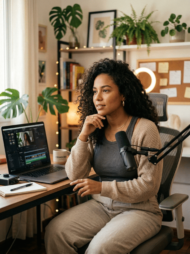Creator em seu estúdio com microfone e laptop, editando conteúdo