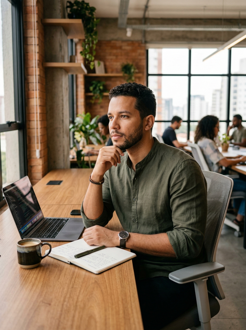 Empreendedor trabalhando em co-working com laptop e caderno de anotações