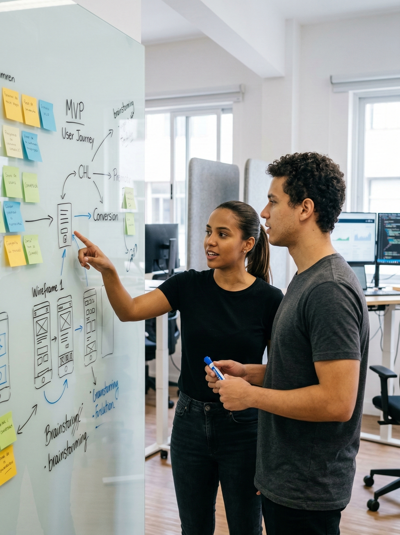 Co-founders discutindo user journey e wireframes em um quadro branco
